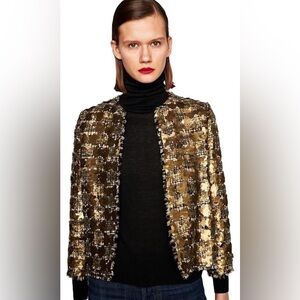 Zara Blogger Favorite Gold Tan Sequined Embroidered Tweed Blazer Jacket Sz L